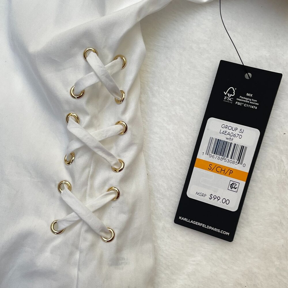 NWT $100 Karl Lagerfeld Paris limited edition white Cotton lace up Top - Picture 10 of 10